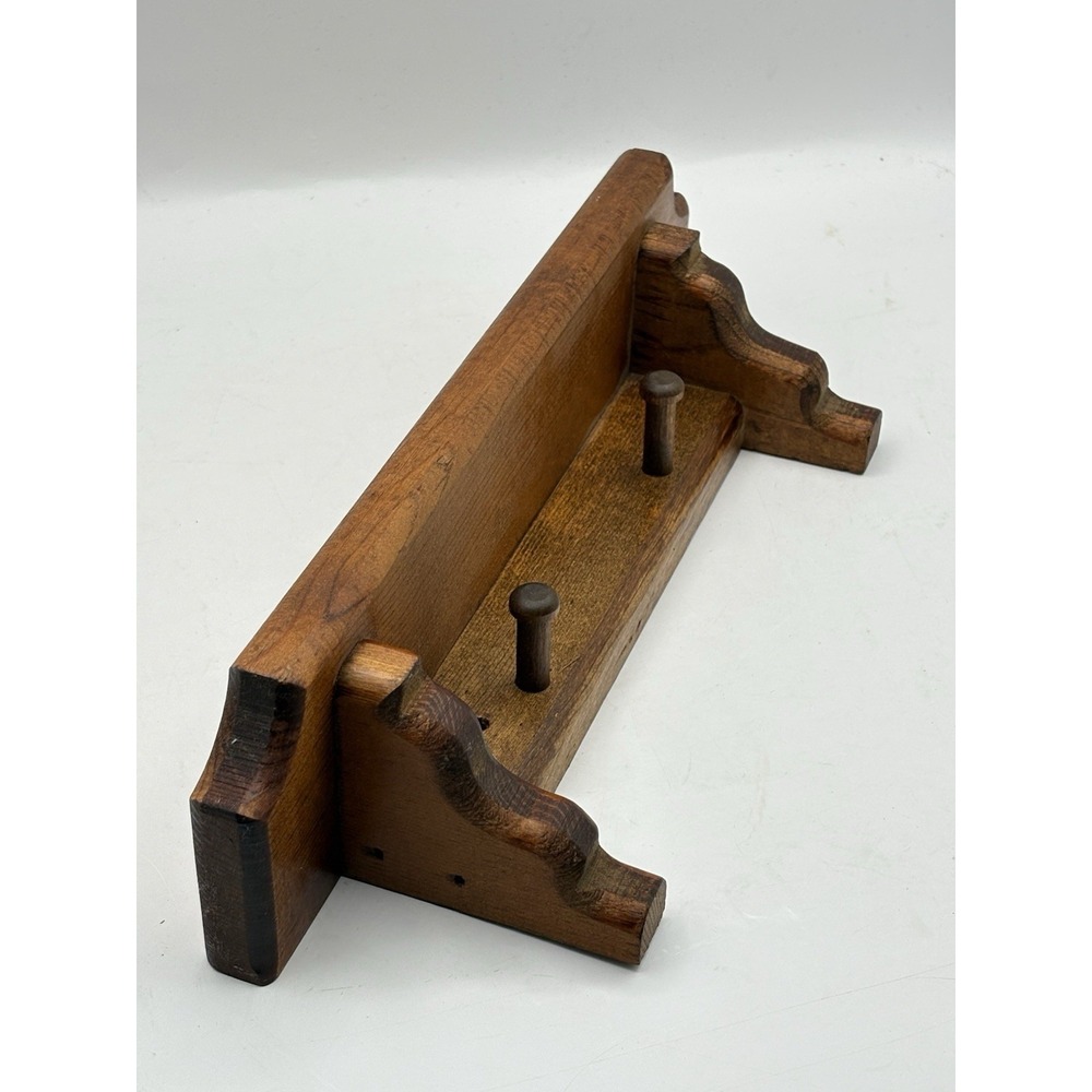 Vintage Oak Wood Wall Shelf 12" Two Hooks Rustic Cabin Farmhouse Cottage Decor